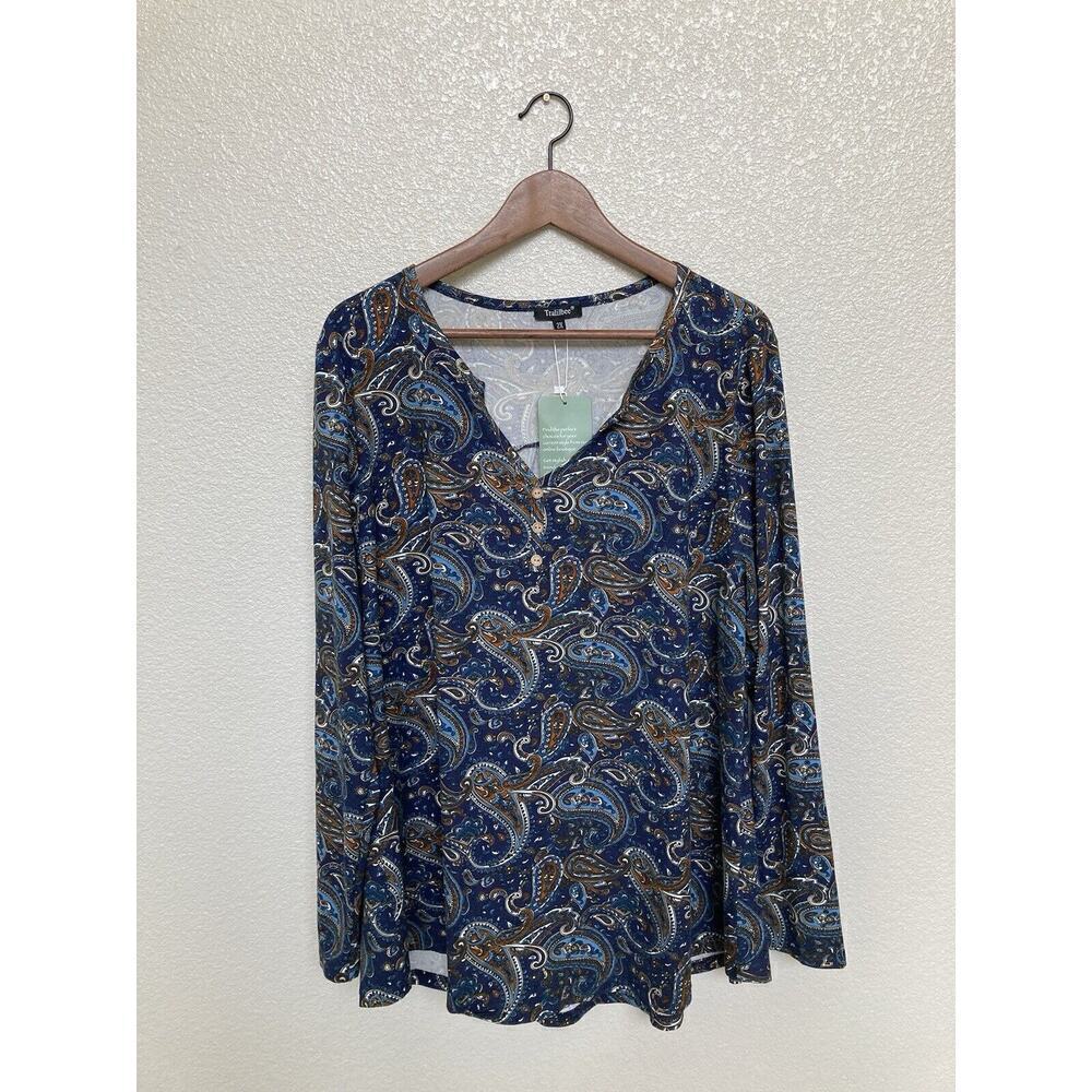 Tralilbee Women Blouse Top Sz 2X Paisley Print Multicolor Pullover Poly Blend